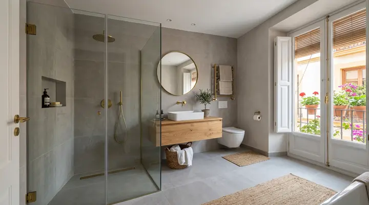 Baño reformado con ducha de obra y mueble de madera