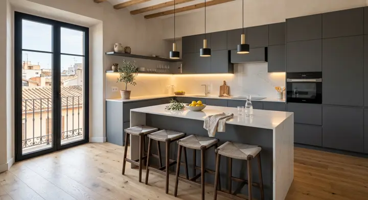 Cocina reformada con muebles antracita y encimera clara
