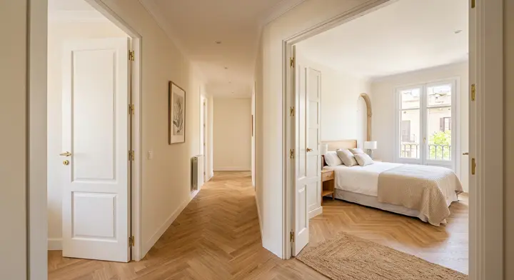 Pasillo y habitación reformados con parquet nuevo